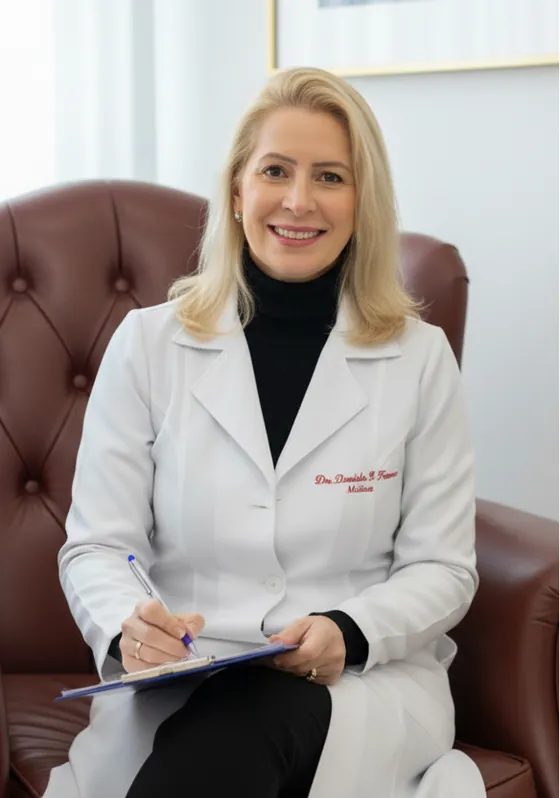 Dra. Danielle Hassene sentada em seu consultório