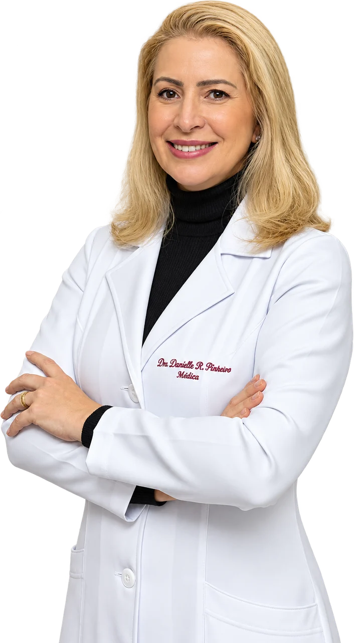 Dra. Danielle Hassene de jaleco, braços cruzados, sorrindo